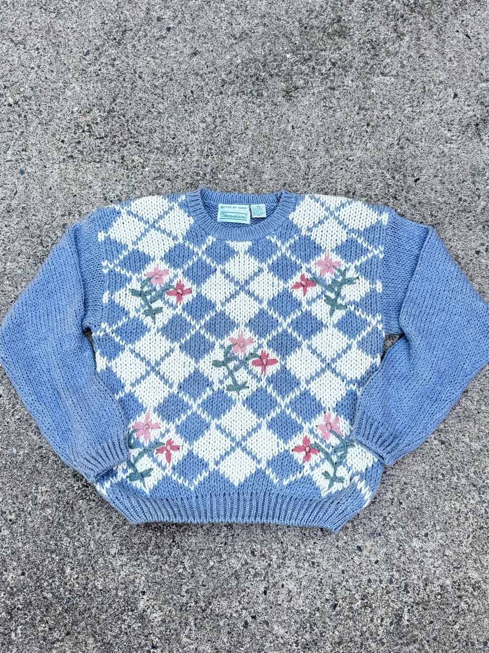 Cottagecore Floral Gingham Hand Knit Sweater | Blue & Cream | Medium